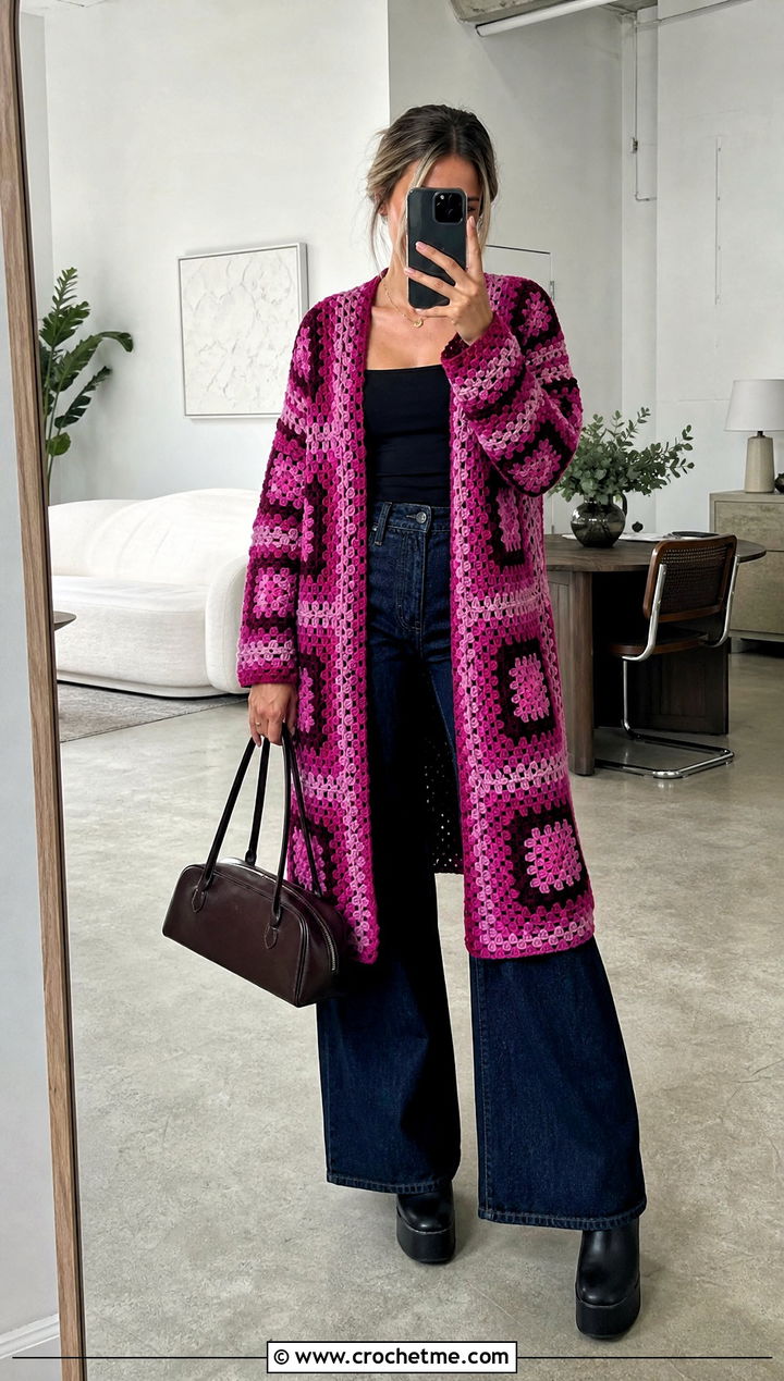 Cocoon Granny Square Car Coat With Wide Leg Jeans - 15 Granny Square Car Coat outfit ideas