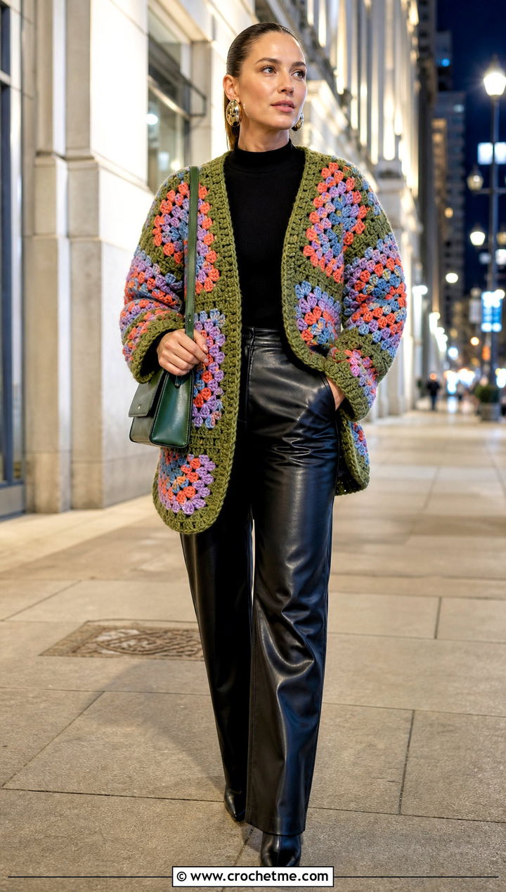 Cocoon Granny Square Cardigan With Faux Leather Trousers - 25 pastel granny square cardigan outfit ideas