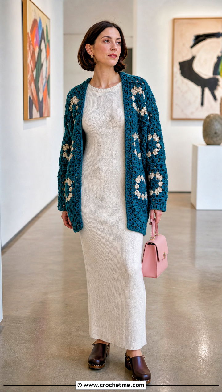 Cocoon Granny Square Cardigan With Knit Column Dress - 15 Everyday Granny Square Cardigan outfit ideas