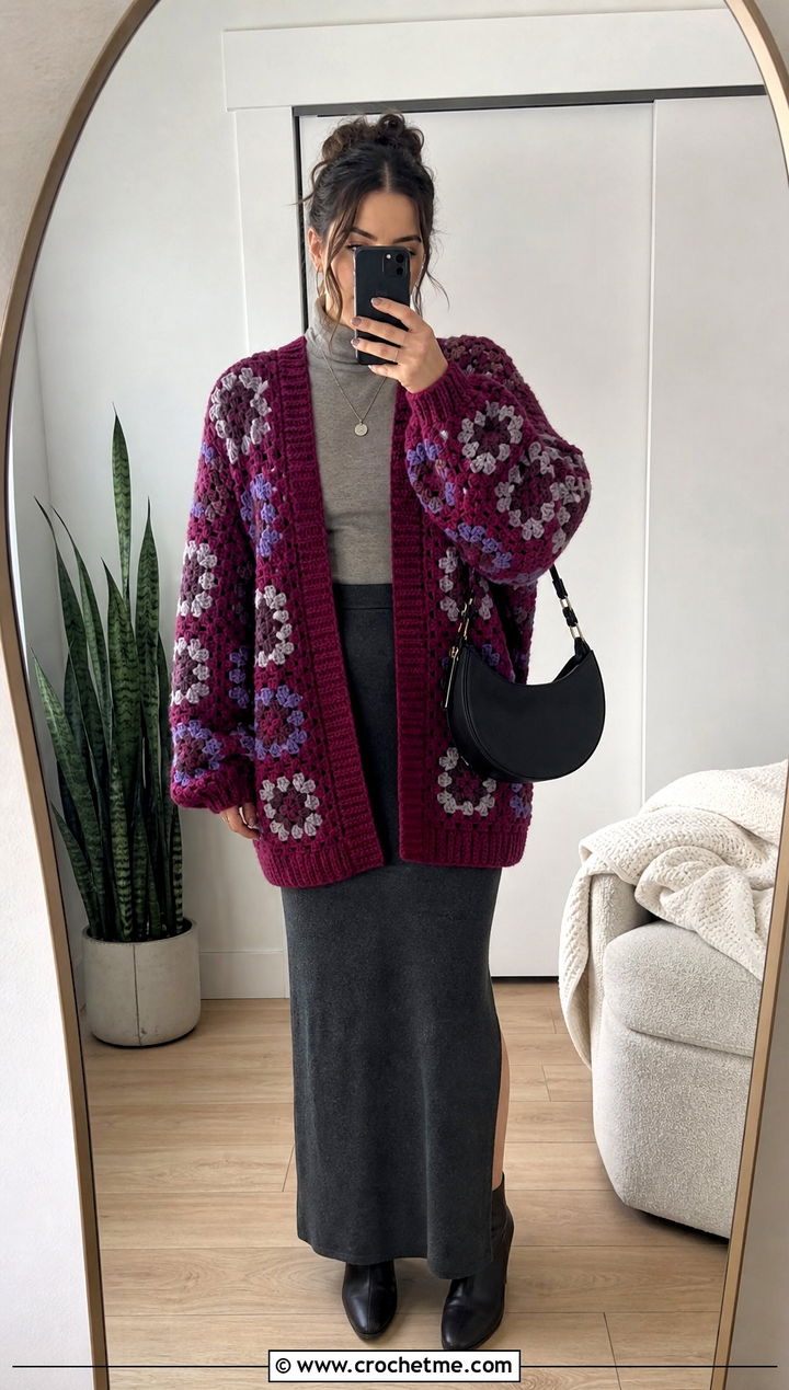 Cocoon Granny Square Cardigan With Knit Maxi Skirt - 15 Granny Square Cardigan Sweaters & Cardigans outfit ideas