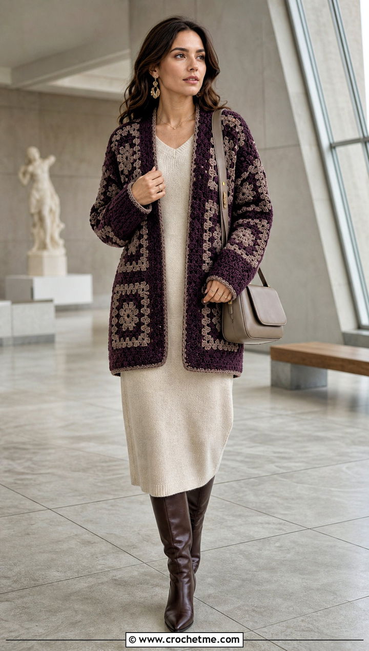 Cocoon Granny Square Cardigan With Knit Midi Dress - 35 granny square crochet cardigan jacket outfit ideas