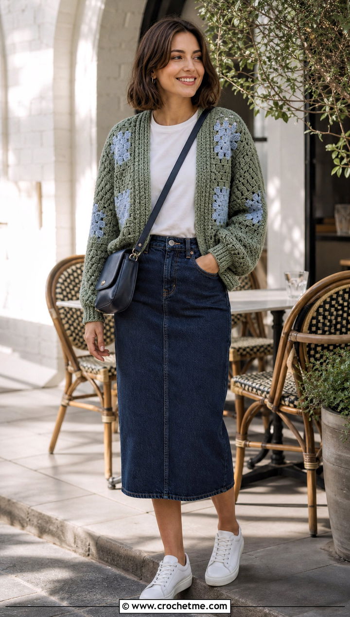 Cocoon Granny Square Cardigan With Midi Skirt - 25 For Granny Square Cardigan outfit ideas