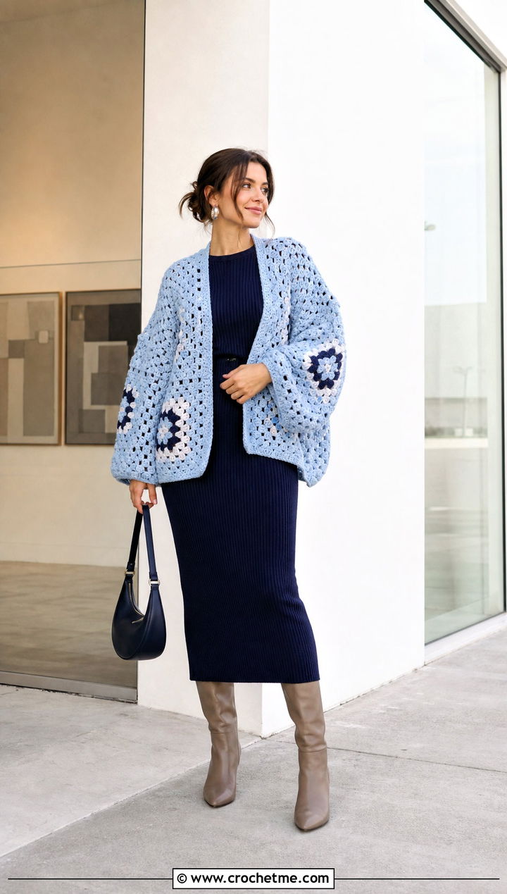 Cocoon Granny Square Cardigan With Ribbed Knit Dress - 25 One Granny Square Cardigan outfit ideas