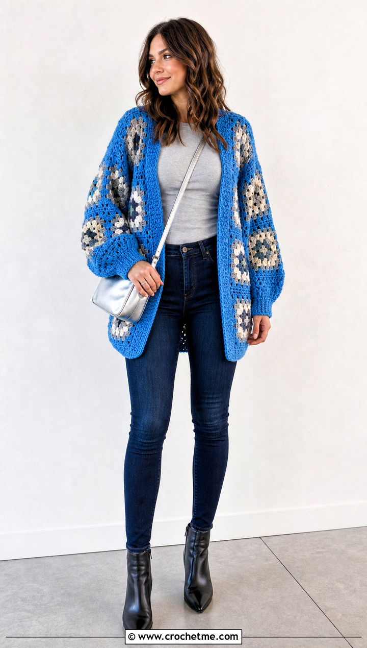 Cocoon Granny Square Cardigan With Skinny Jeans - 30 granny squares cardigan outfit ideas