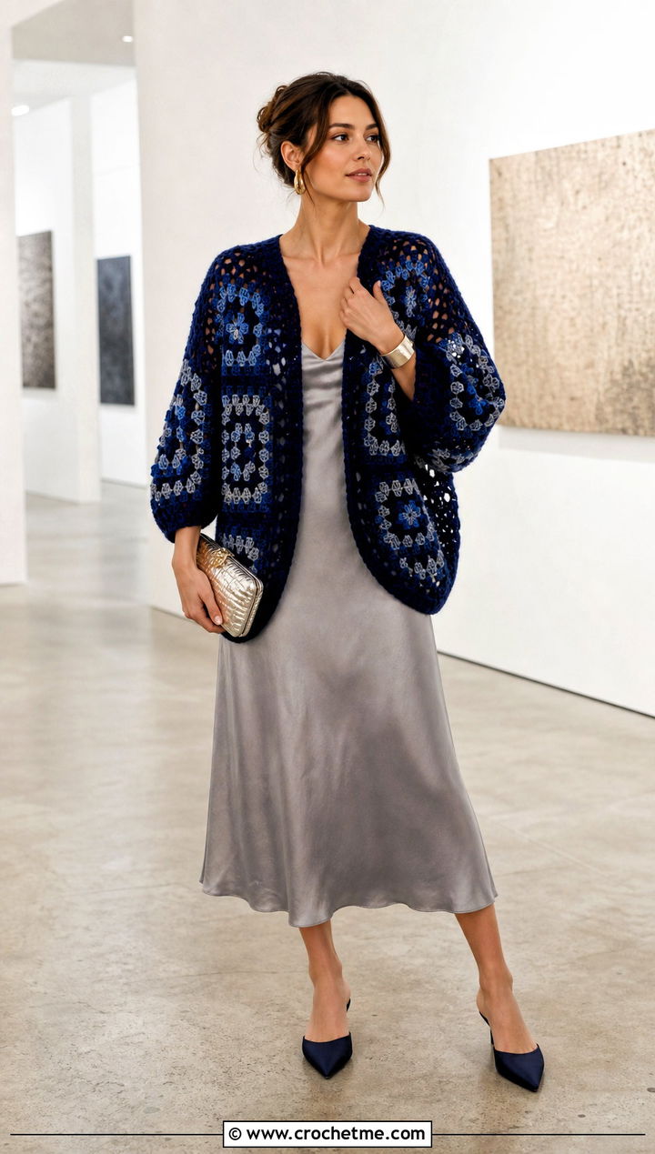 Cocoon Granny Square Cardigan With Slip Dress - 30 crochet granny squares cardigan outfit ideas
