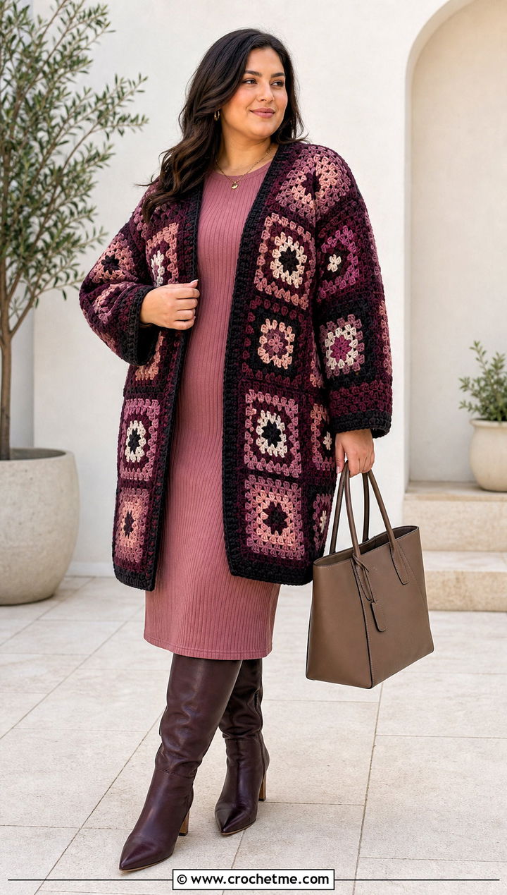 Cocoon Granny Square Coat With Knit Midi Dress - 30 granny square coat outfit ideas