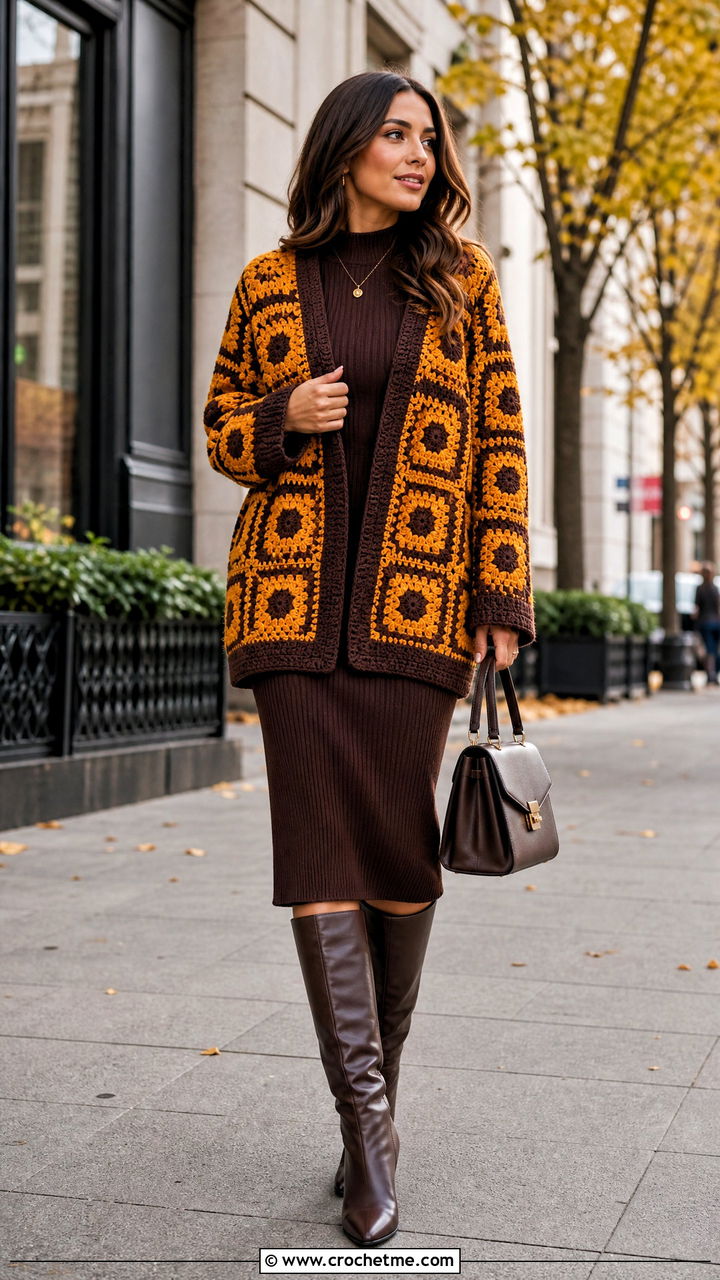 Cocoon Granny Square Crochet Cardigan With Knit Midi Dress - 35 granny square crochet cardigan outfit ideas