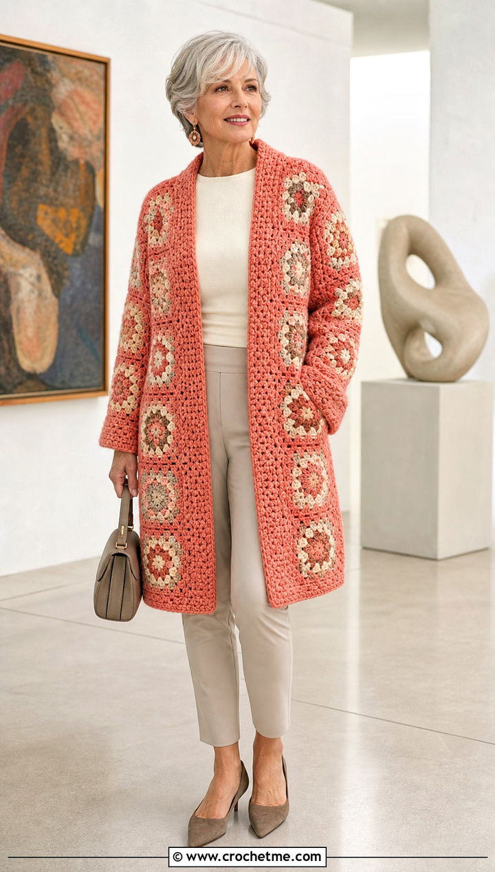 Cocoon Granny Square Crochet Coat With Slim Trousers - 25 Granny Square Crochet Coat outfit ideas