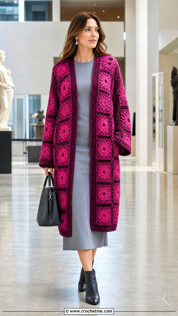 Cocoon Granny Square Sweater With Column Dress - 35 crochet granny square sweater outfit ideas