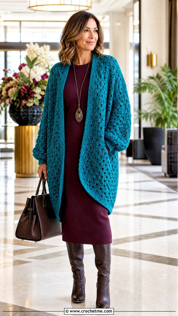 Cocoon Granny Stitch Sweater With Knit Dress - 35 crochet granny stitch sweater outfit ideas