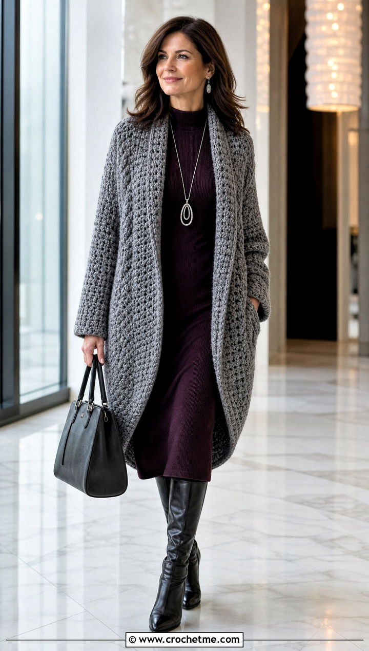 Cocoon Gray Crochet Cardigan With Sweater Dress - 15 Gray Crochet Cardigan outfit ideas