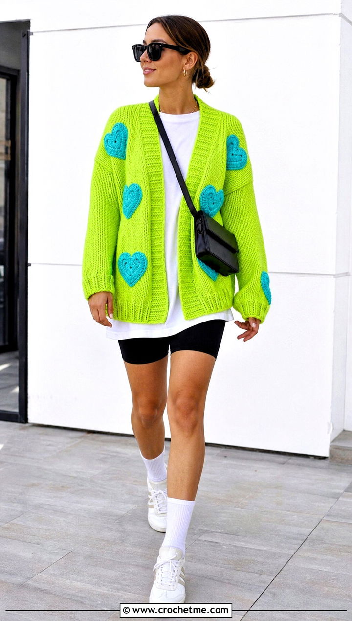 Cocoon Heart Cardigan With Bike Shorts - 35 crochet heart cardigan outfit ideas