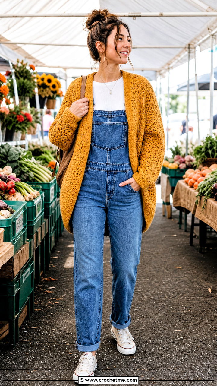 Cocoon Hexi Cardi With Denim Overalls - 35 crochet hexi cardi outfit ideas