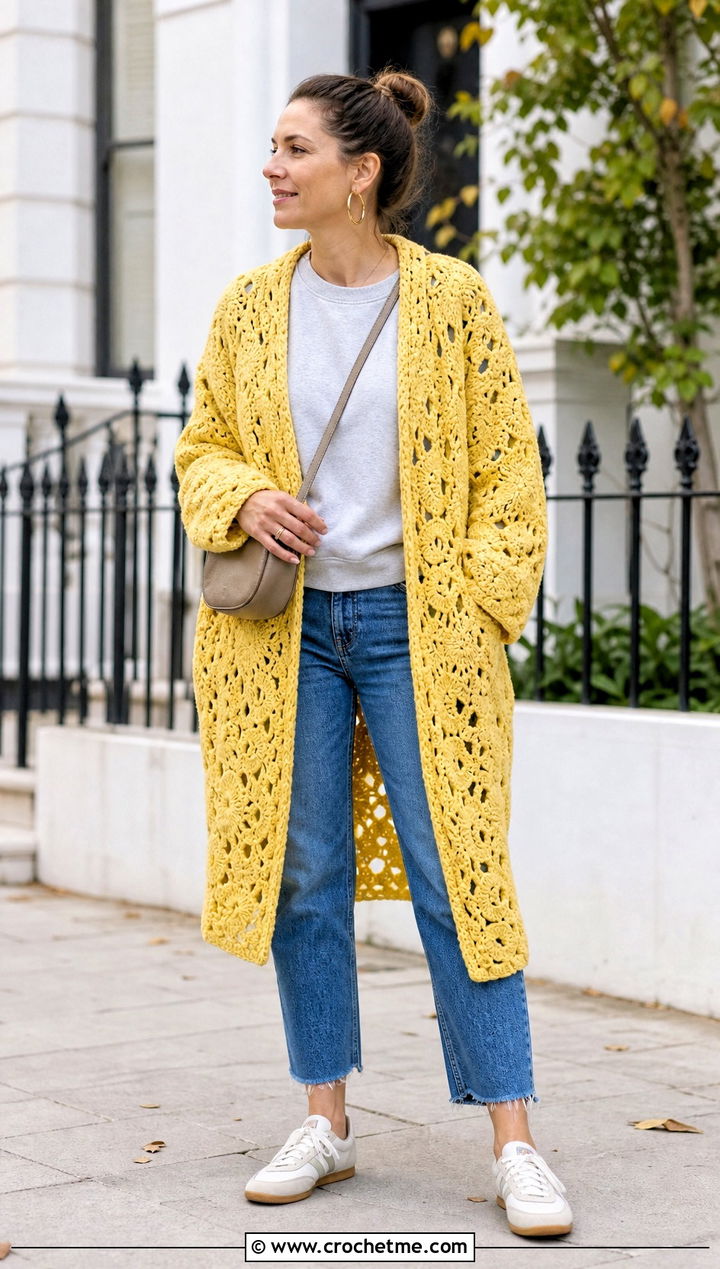 Cocoon Irish Crochet Coat With Sweatshirt And Jeans - 25 irish crochet coat outfit ideas