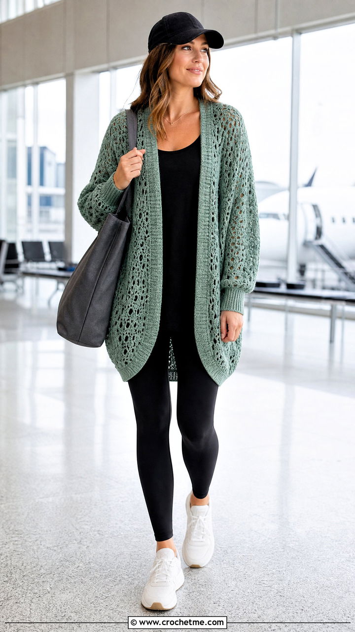 Cocoon Lace Cardigan With Leggings And Sneakers - 35 crochet lace cardigan outfit ideas