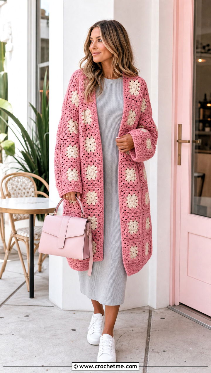 Cocoon Long Granny Square Cardigan With Fitted Midi Dress - 35 long granny square cardigan outfit ideas
