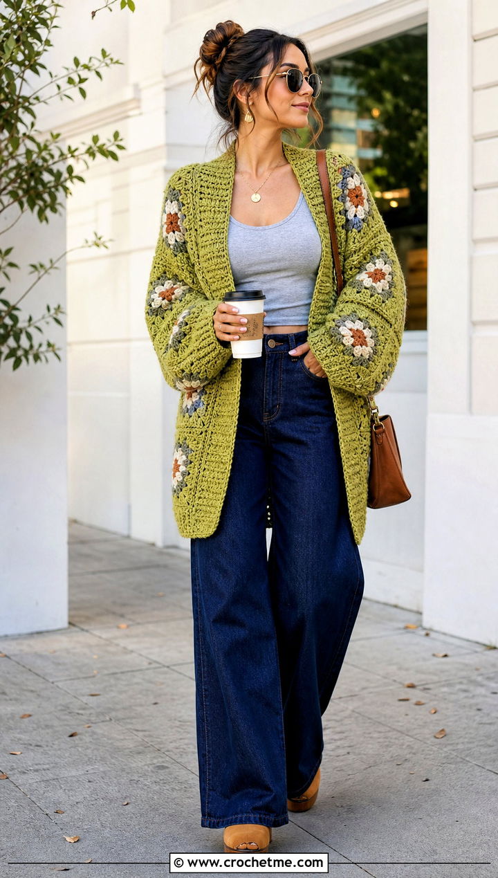 Cocoon Oversized Granny Square Cardigan With Wide Leg Jeans - 25 Oversized Granny Square Cardigan outfit ideas
