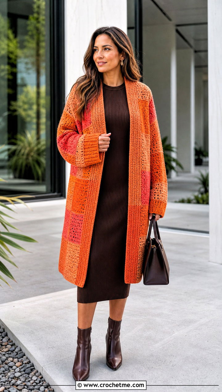 Cocoon Patchwork Cardigan With a Ribbed Midi Dress - 30 crochet patch work cardigan outfit ideas