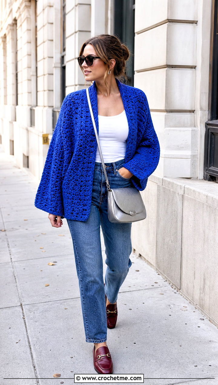 Cocoon Rectangle Crochet Sweater With Straight Leg Jeans - 15 Rectangle Crochet Sweater outfit ideas
