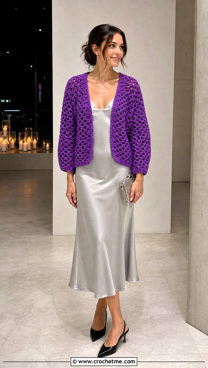 Cocoon Round Crochet Cardigan With Satin Slip Dress - 35 round crochet cardigan outfit ideas