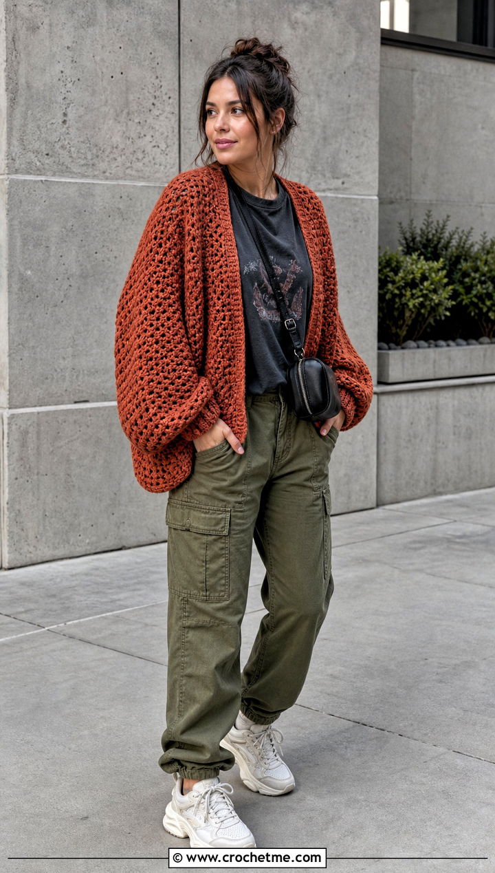 Cocoon Rust Colored Crochet Cardigan With Cargo Pants - 15 rust-colored crochet cardigan outfit ideas