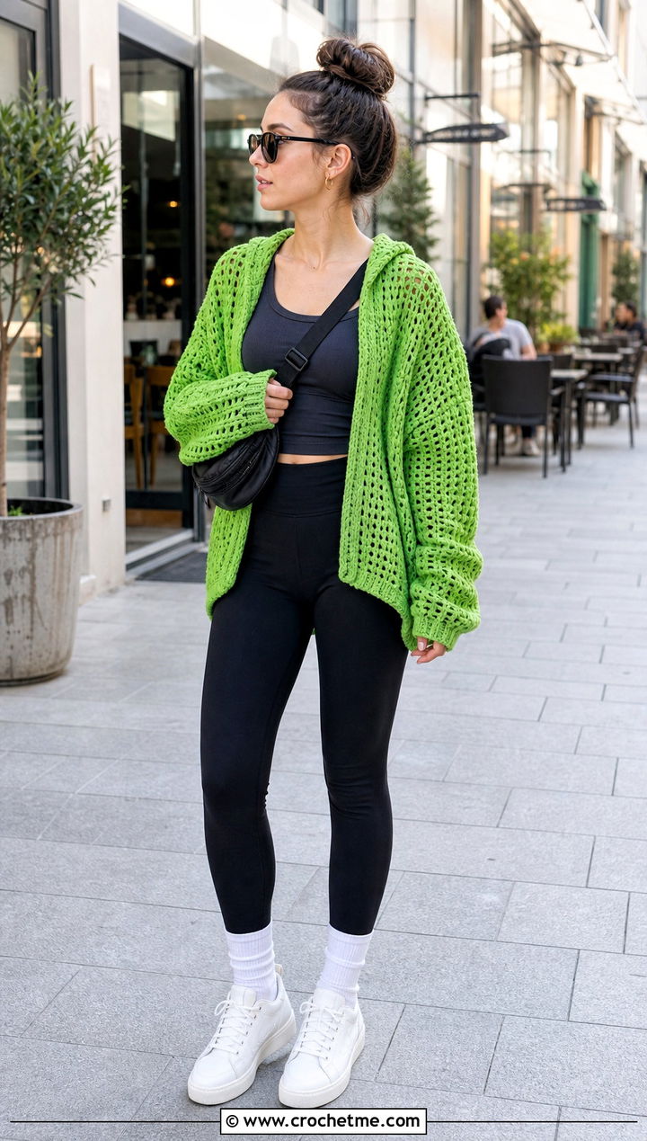 Cocoon Slouchy Crochet Cardigan With Leggings And Sneakers - 25 Slouchy Crochet Cardigan outfit ideas