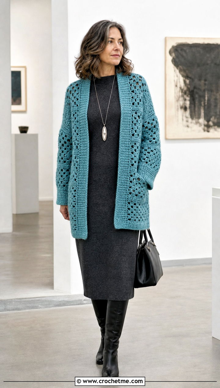 Cocoon Solid Granny Square Cardigan With Knit Column Dress - 20 Crochet Solid Granny Square Cardigan outfit ideas