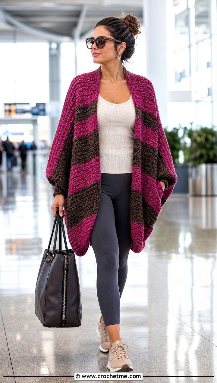 Cocoon Stripe Crochet Cardigan With Leggings - 35 crochet striped cardigan outfit ideas
