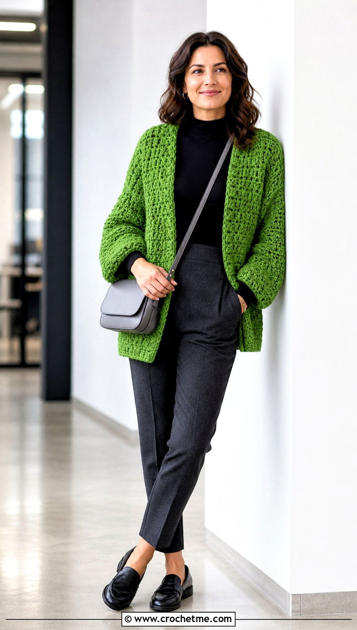 Cocoon Thick Yarn Crochet Cardigan With Tapered Pants - 25 Thick Yarn Crochet Cardigan outfit ideas