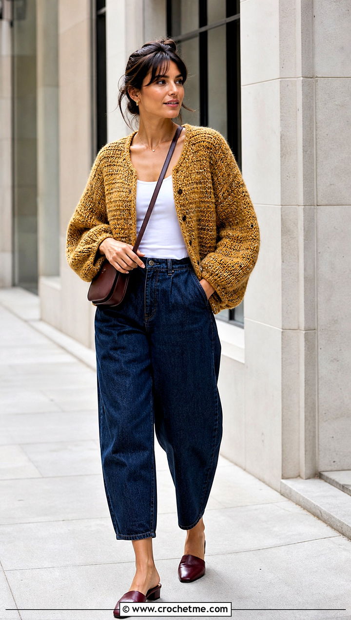Cocoon Tweed Crochet Cardi With Tank And Barrel Jeans - 15 tweed crochet cardi outfit ideas