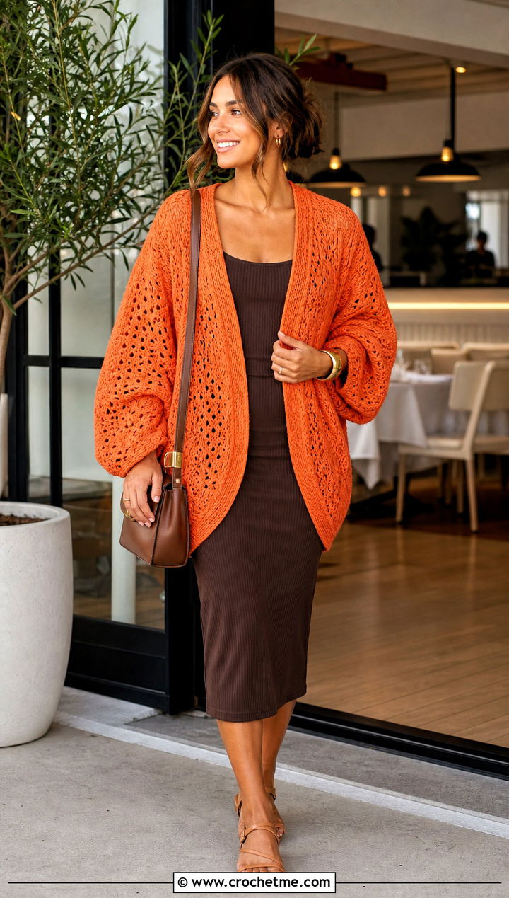 Cocoon V Stitch Cardigan With Column Dress - 25 Crochet V Stitch Cardigan outfit ideas