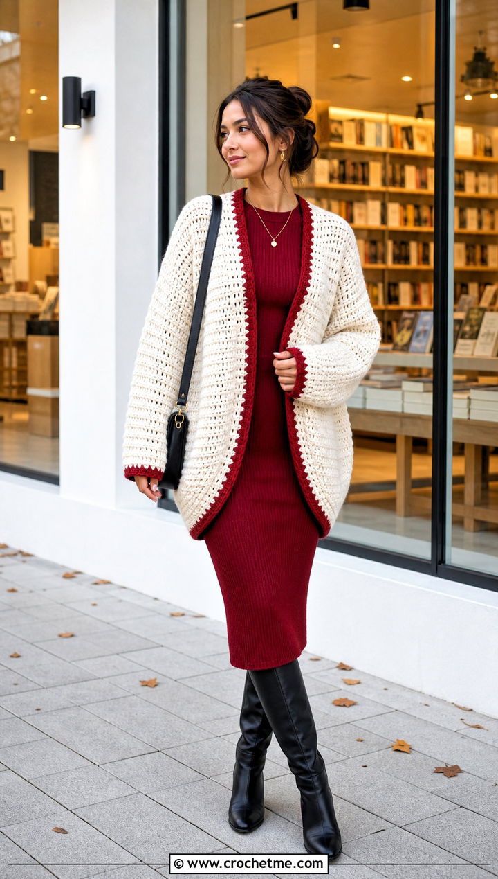 Cocoon White Crochet Cardigan With Knit Midi Dress - 15 white crocheted cardigan on table outfit ideas