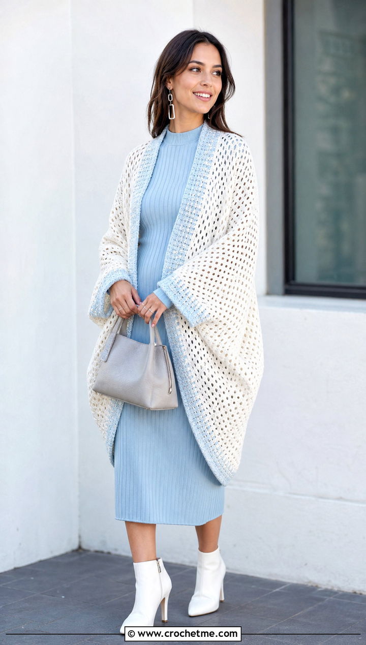 Cocoon White Crochet Kimono With Ribbed Knit Dress - 15 White Crochet Kimono outfit ideas