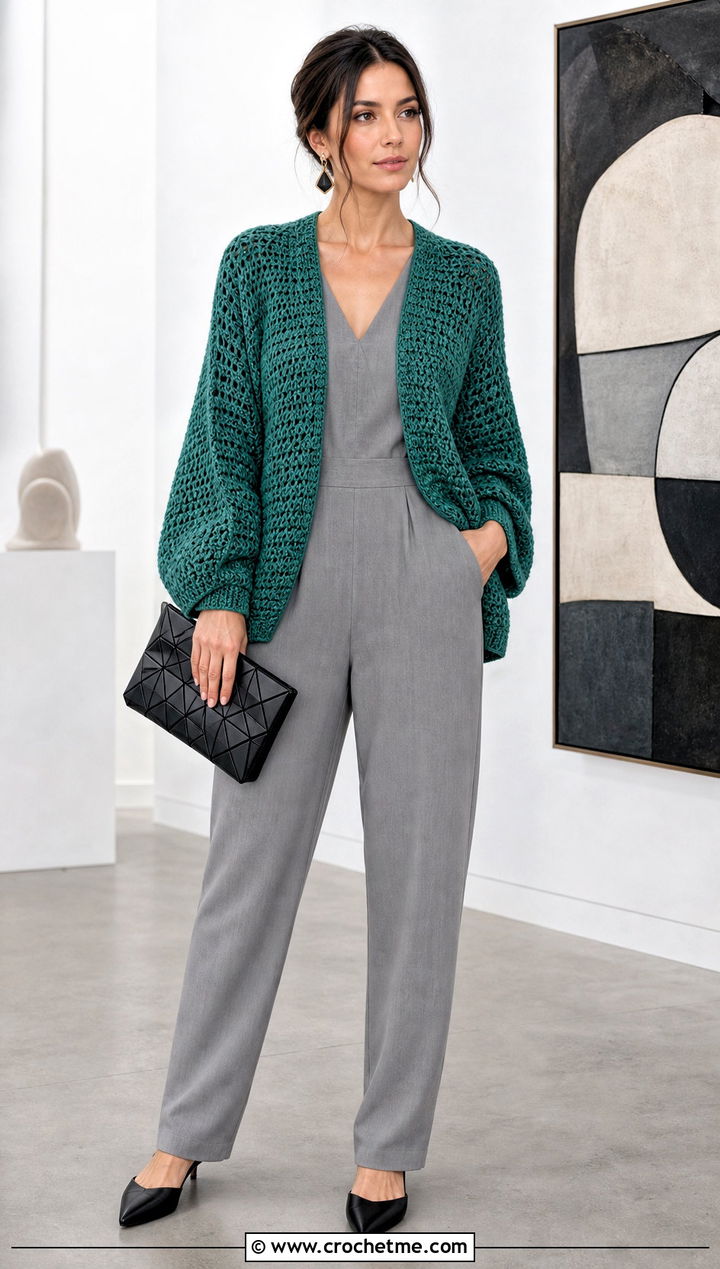 Cocoon Worsted Weight Crochet Cardigan With Jumpsuit - 25 Worsted Weight Crochet Cardigan outfit ideas