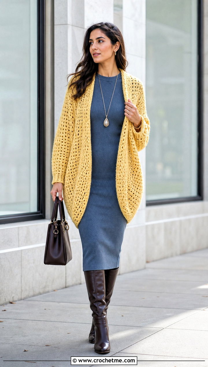 Cocoon Yellow Crochet Cardigan With Knit Column Dress - 30 yellow crochet cardigan outfit ideas