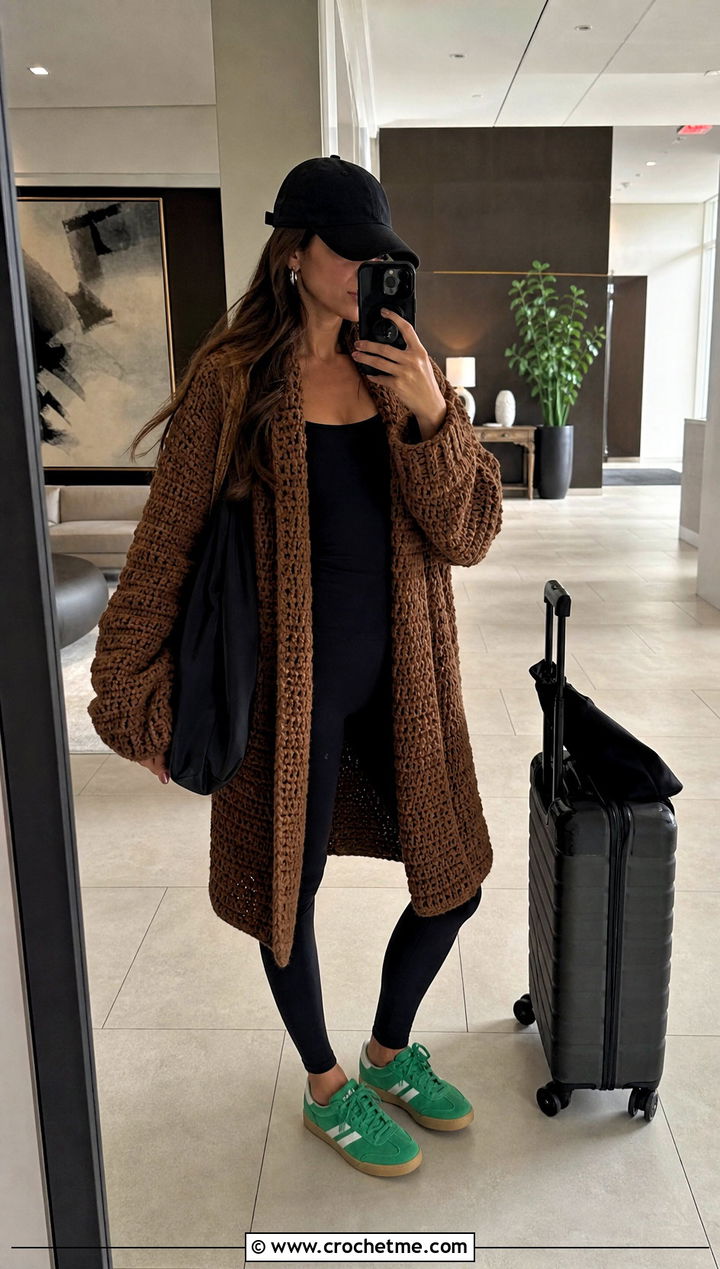 Coffee Brown Oversized Crochet Sweater With Leggings - 15 Brown Crochet Sweater Design outfit ideas
