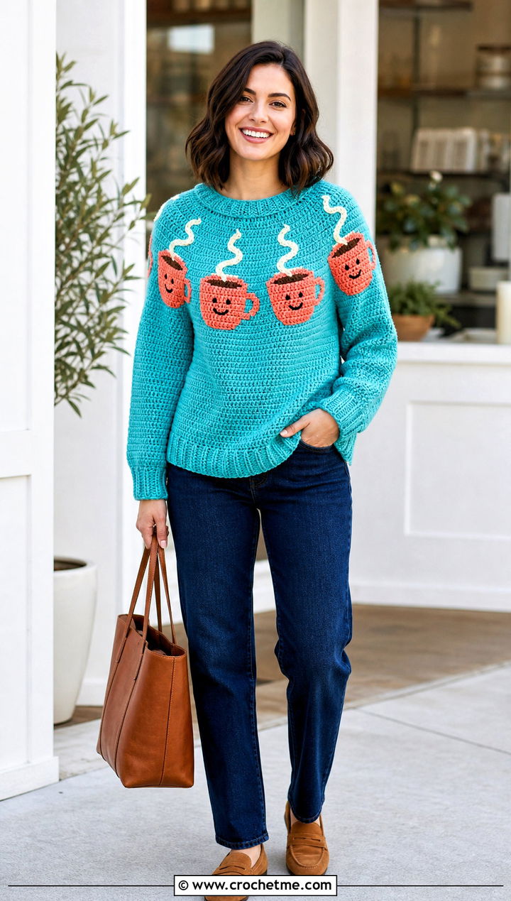 Coffee Cup Crochet Character Sweater With Straight Leg Jeans - 20 Crochet Character Sweater outfit ideas