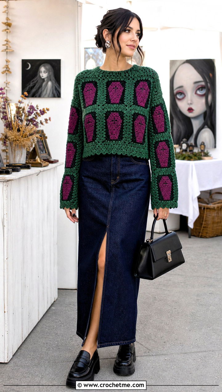 Coffin Granny Square Crochet Halloween Sweater With Maxi Denim Skirt - 35 Crochet Halloween Sweater outfit ideas