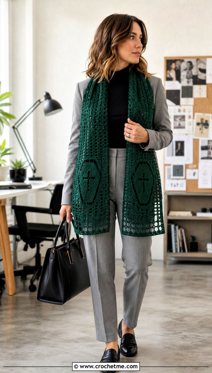 Coffin Motif Stole Shawl With Suit and Loafers - 25 halloween crochet shawl outfit ideas