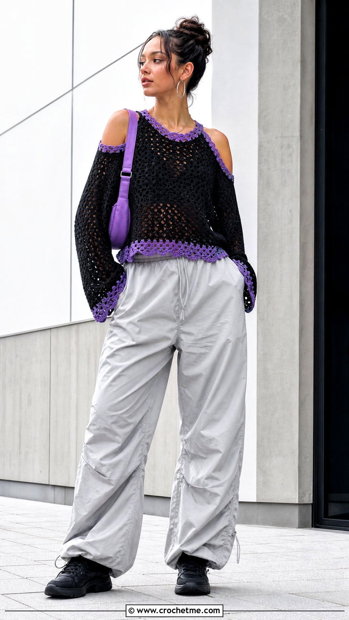 Cold Shoulder Black Crochet Sweater With Parachute Pants - 35 black crochet sweater outfit ideas