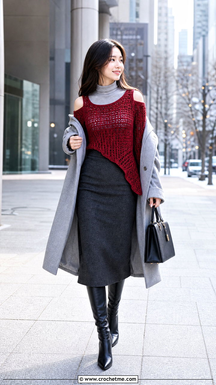 Cold Shoulder Crochet Asymmetrical Top With Wool Midi Skirt - 35 crochet asymmetrical top outfit ideas