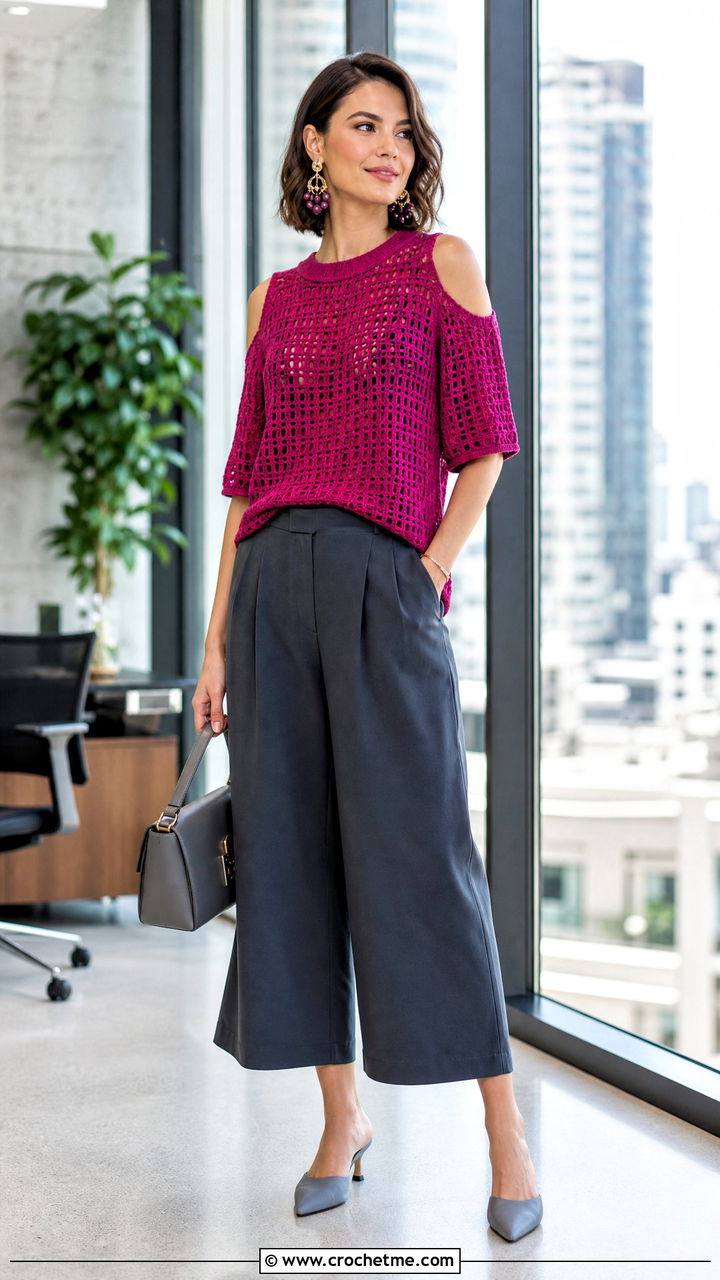Cold Shoulder Crochet Blouse With Culottes - 35 crochet blouse for women outfit ideas