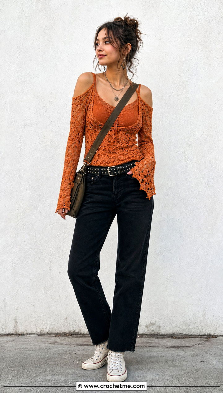 Cold Shoulder Crochet Fairy Grunge Top With Black Straight Leg Jeans - 20 Crochet Fairy Grunge Top outfit ideas