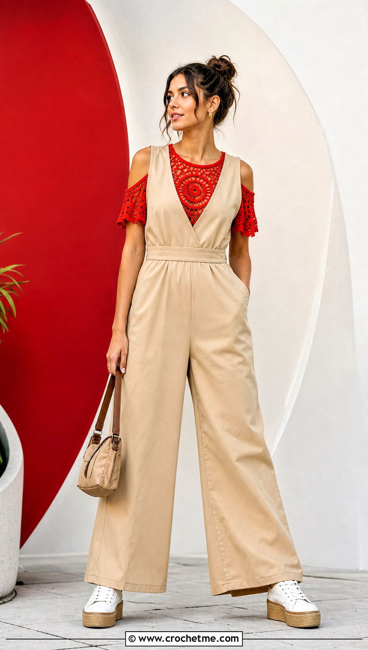 Cold Shoulder Crochet Mandala Top With Twill Jumpsuit - 35 crochet mandala top outfit ideas