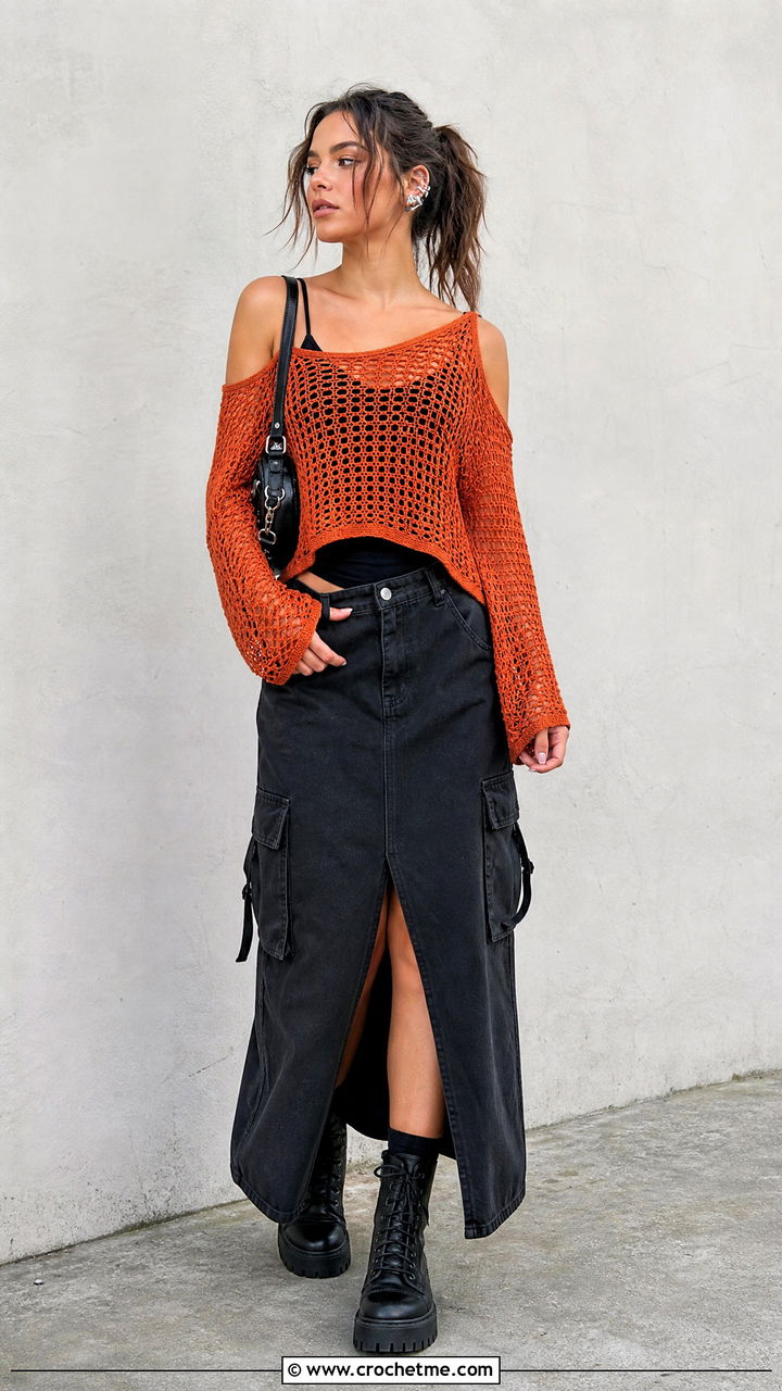 Cold Shoulder Crochet Top With Cargo Skirt - 35 goth crochet top outfit ideas