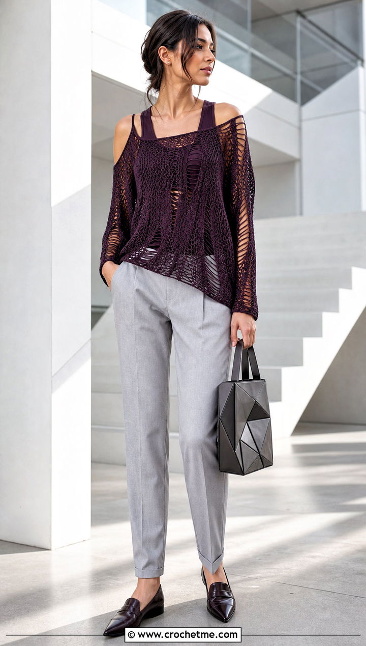 Cold Shoulder Distressed Crochet Top With Tailored Pants - 35 Distressed Crochet Top outfit ideas