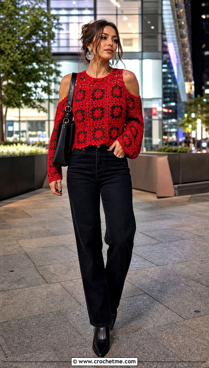 Cold Shoulder Granny Square Top With Black Jeans - 35 granny square crochet top outfit ideas