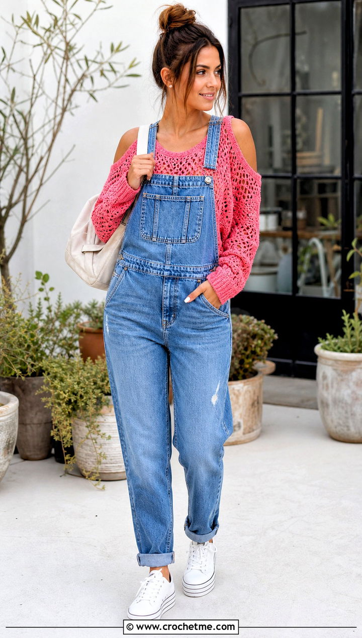 Cold Shoulder Long Sleeve Crochet Top With Denim Overalls - 35 crochet tops with sleeves outfit ideas