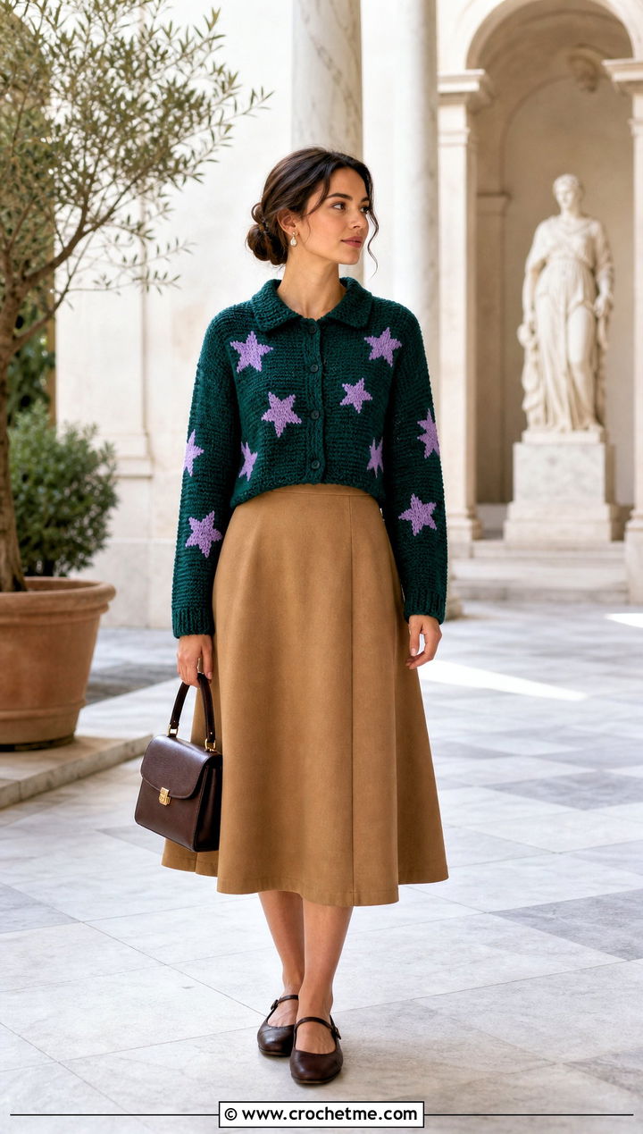 Collar Coraline Star Crochet Sweater With A Line Skirt - 25 coraline crochet sweater outfit ideas