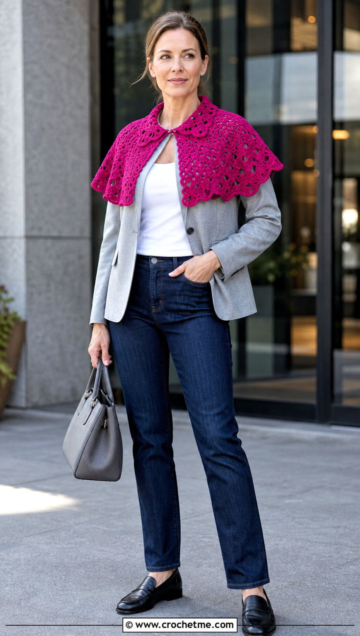Collar Crochet Capelet Shawl With Blazer And Jeans - 30 crochet caplet shawl outfit ideas